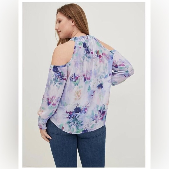 Georgette Smocked Neck Cold Shoulder Blouse - Picture 3 of 4